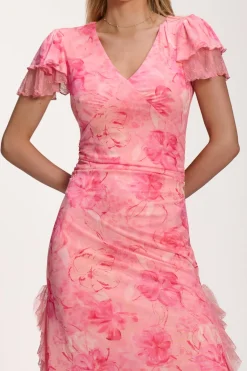 Jolie Moi Mesh Dresses|Signature Lace-Lace Insert Mesh Midi Dress, Pink Abstract