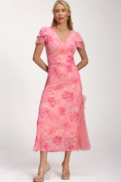 Jolie Moi Mesh Dresses|Signature Lace-Lace Insert Mesh Midi Dress, Pink Abstract