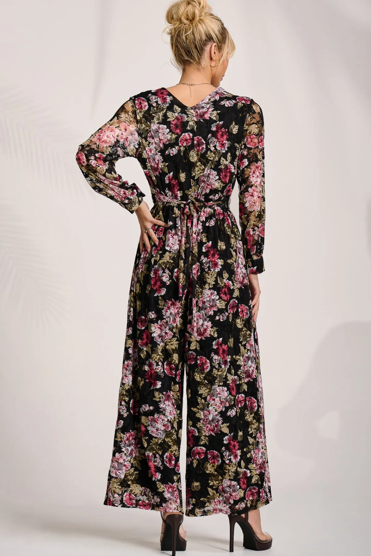 Jolie Moi Signature Lace-Lace Long Sleeve Jumpsuit, Multi Floral