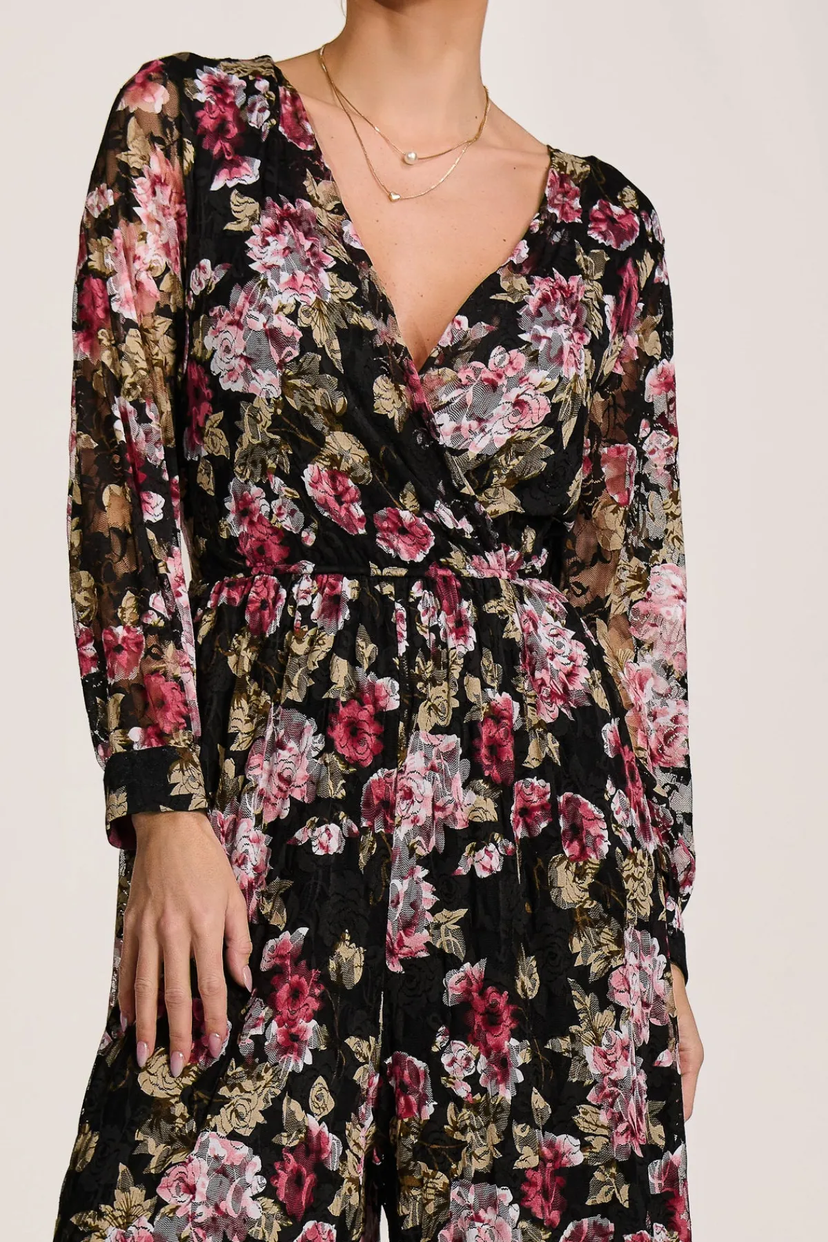 Jolie Moi Signature Lace-Lace Long Sleeve Jumpsuit, Multi Floral