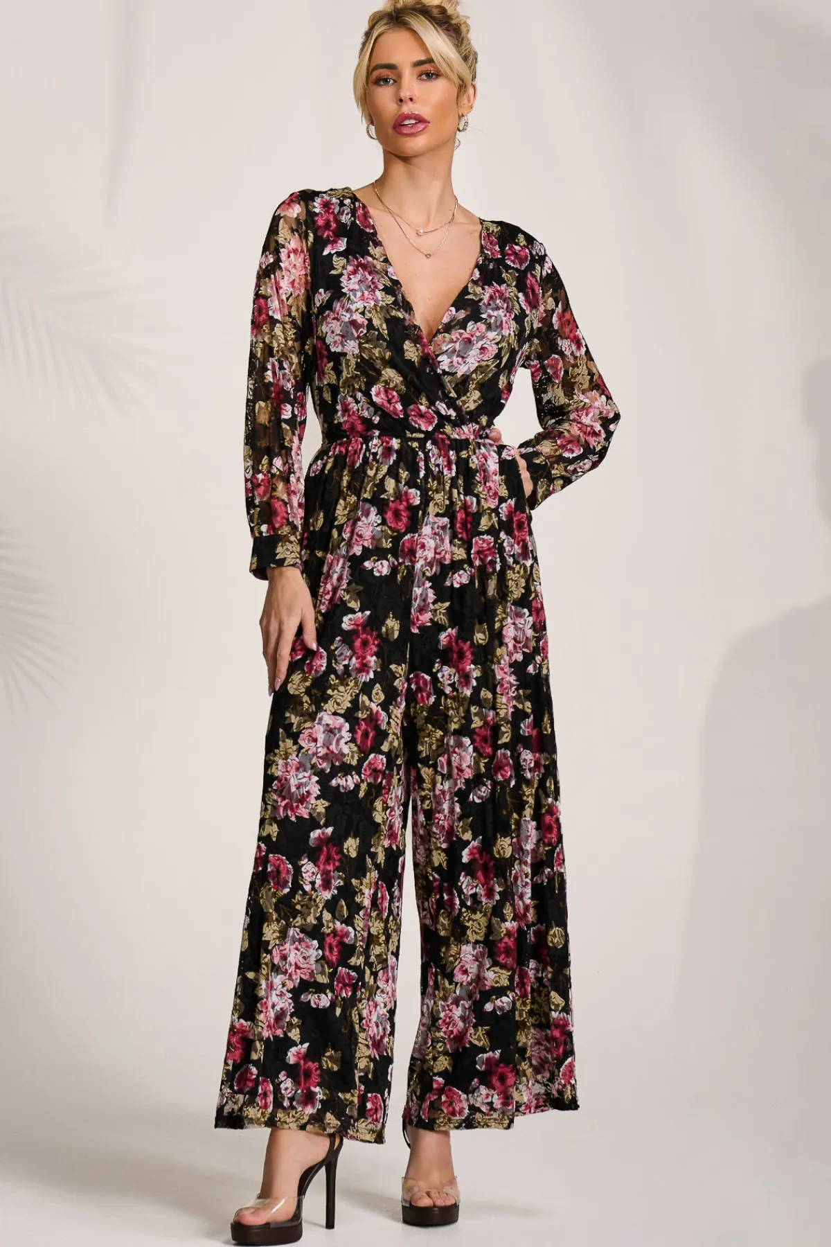 Jolie Moi Signature Lace-Lace Long Sleeve Jumpsuit, Multi Floral
