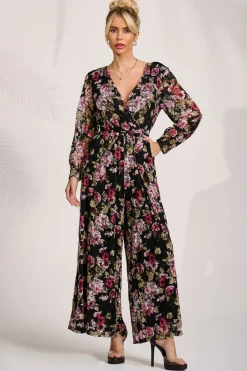 Jolie Moi Signature Lace-Lace Long Sleeve Jumpsuit, Multi Floral