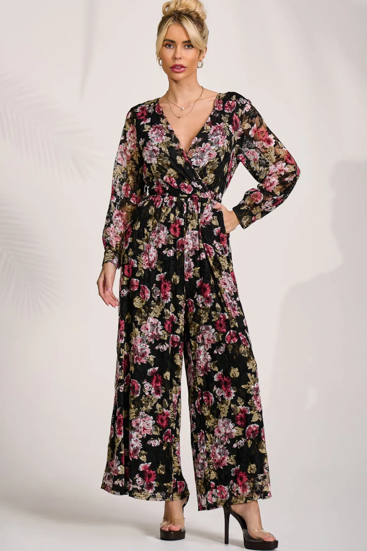 Jolie Moi Signature Lace-Lace Long Sleeve Jumpsuit, Multi Floral