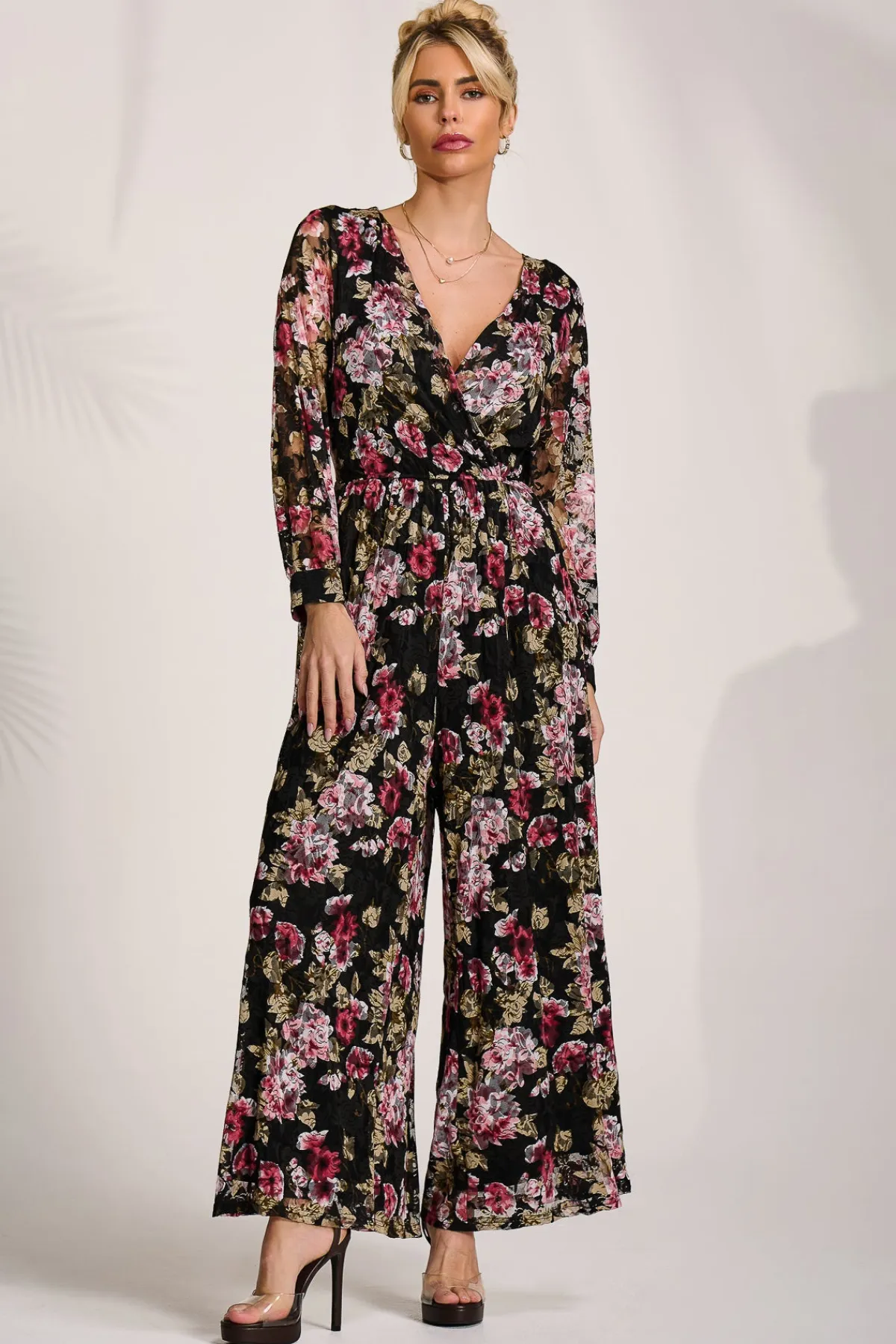 Jolie Moi Signature Lace-Lace Long Sleeve Jumpsuit, Multi Floral
