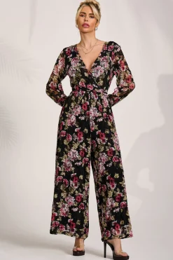 Jolie Moi Signature Lace-Lace Long Sleeve Jumpsuit, Multi Floral