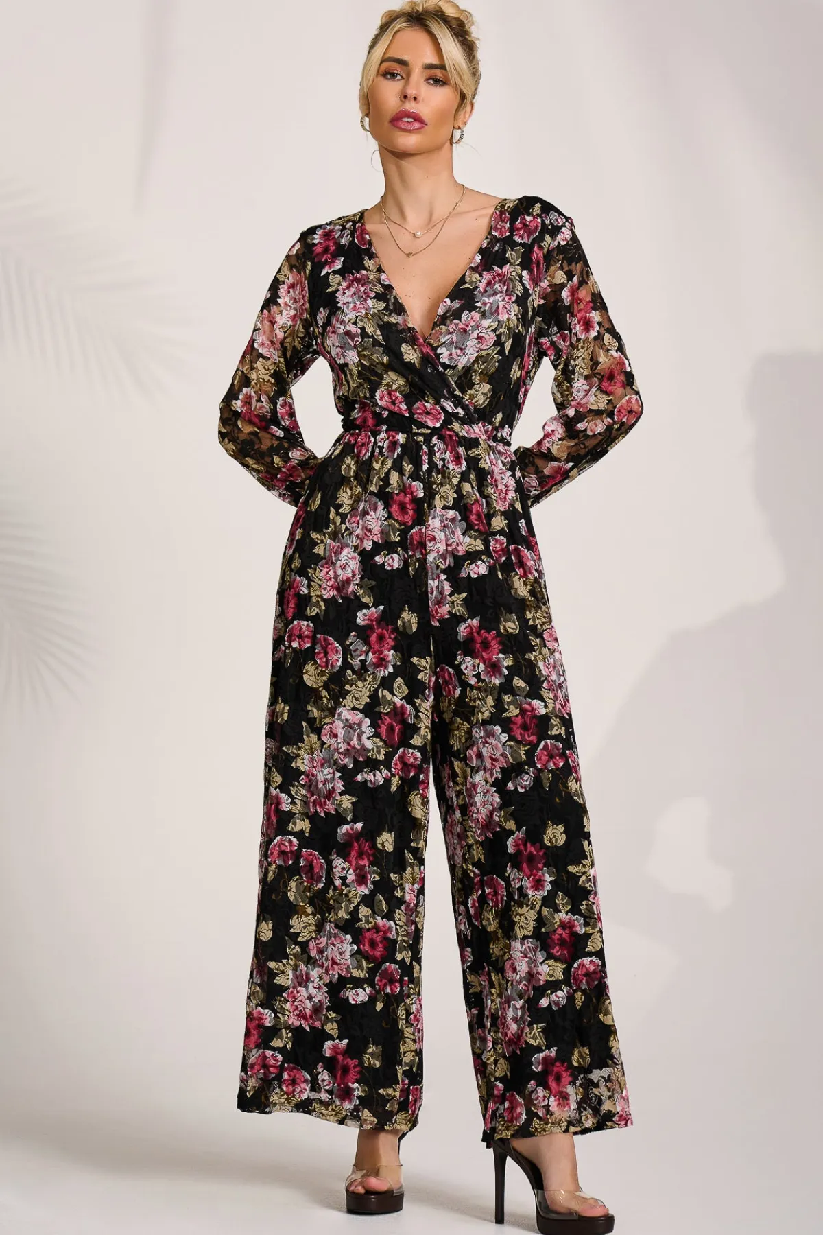 Jolie Moi Signature Lace-Lace Long Sleeve Jumpsuit, Multi Floral