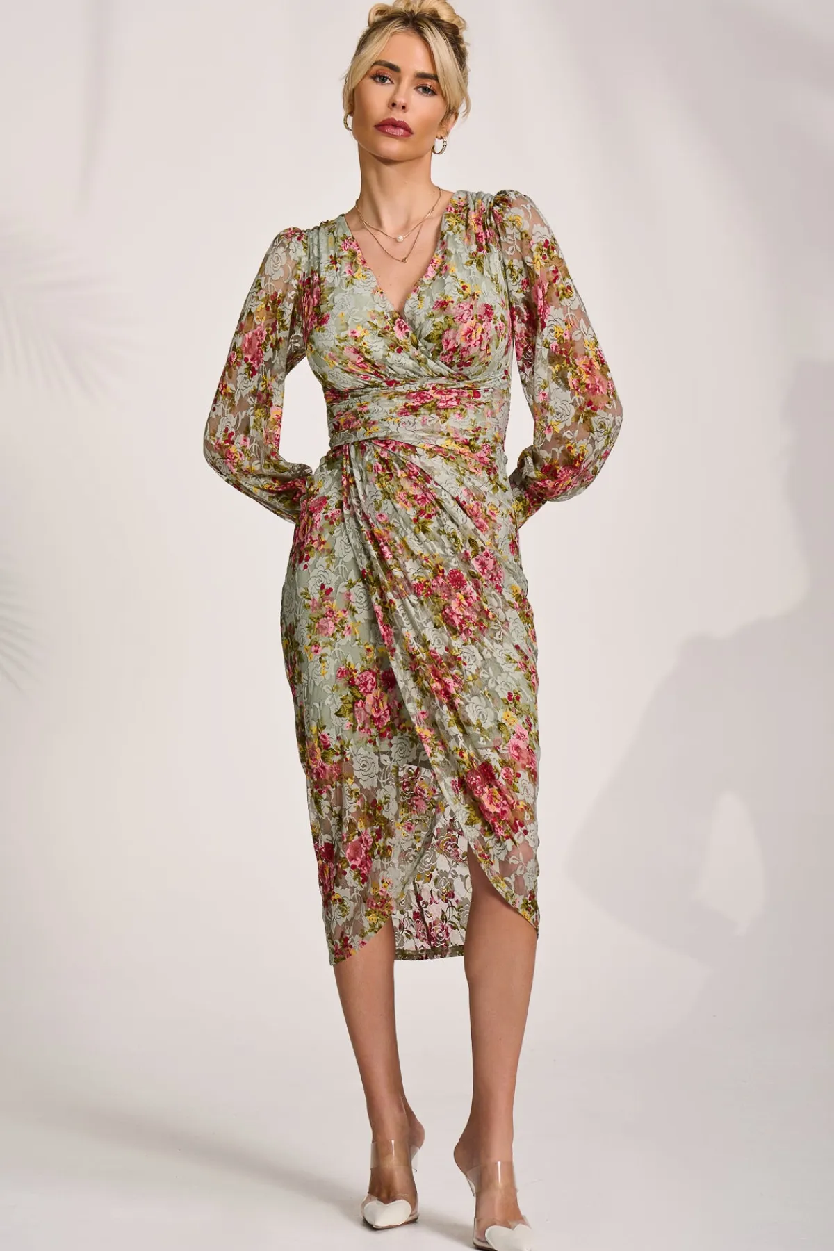 Jolie Moi Occasion Dresses|Floral Dresses-Lace Long Sleeve Ruched Bodycon Dress, Green Floral