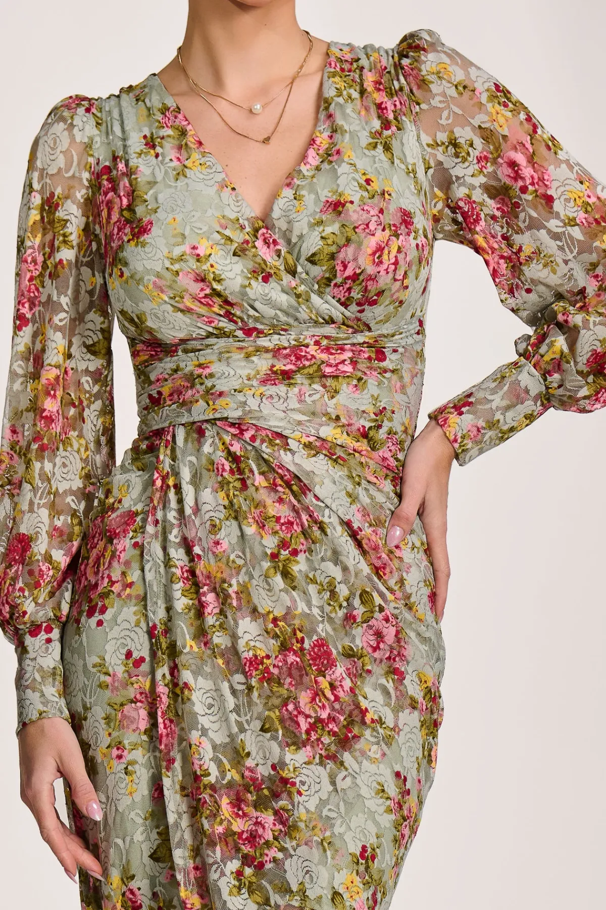 Jolie Moi Occasion Dresses|Floral Dresses-Lace Long Sleeve Ruched Bodycon Dress, Green Floral
