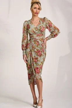 Jolie Moi Occasion Dresses|Floral Dresses-Lace Long Sleeve Ruched Bodycon Dress, Green Floral
