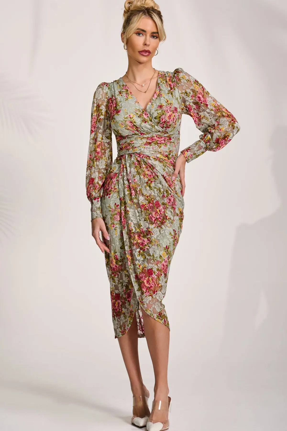 Jolie Moi Occasion Dresses|Floral Dresses-Lace Long Sleeve Ruched Bodycon Dress, Green Floral