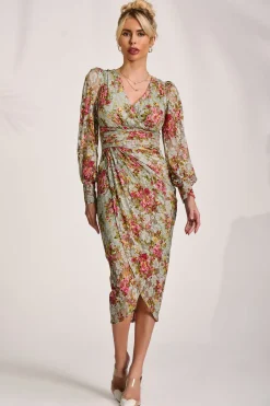 Jolie Moi Occasion Dresses|Floral Dresses-Lace Long Sleeve Ruched Bodycon Dress, Green Floral