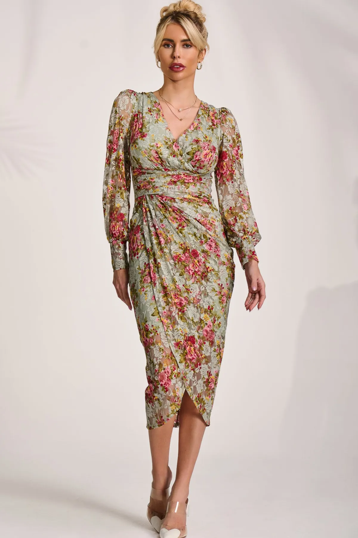 Jolie Moi Occasion Dresses|Floral Dresses-Lace Long Sleeve Ruched Bodycon Dress, Green Floral
