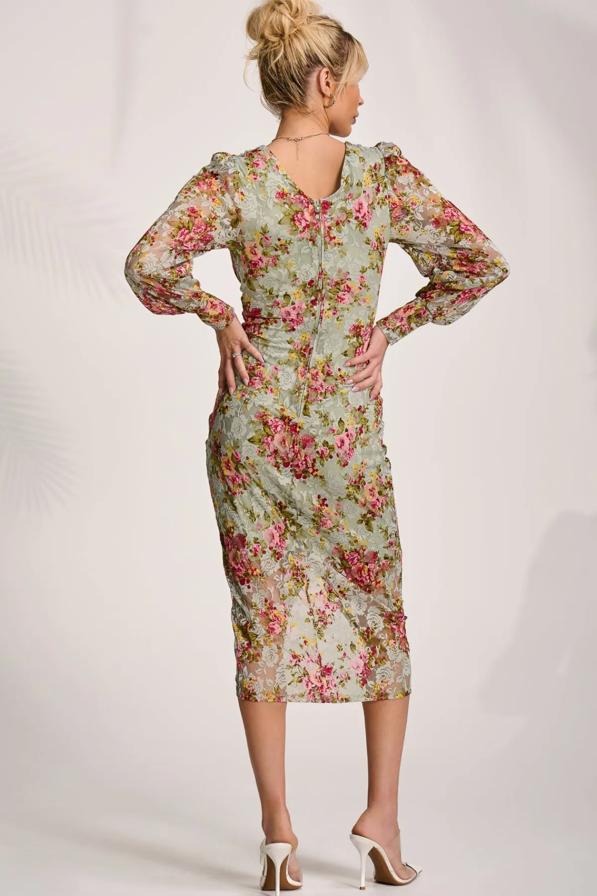 Jolie Moi Occasion Dresses|Floral Dresses-Lace Long Sleeve Ruched Bodycon Dress, Green Floral