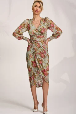 Jolie Moi Occasion Dresses|Floral Dresses-Lace Long Sleeve Ruched Bodycon Dress, Green Floral
