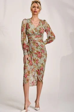 Jolie Moi Occasion Dresses|Floral Dresses-Lace Long Sleeve Ruched Bodycon Dress, Green Floral