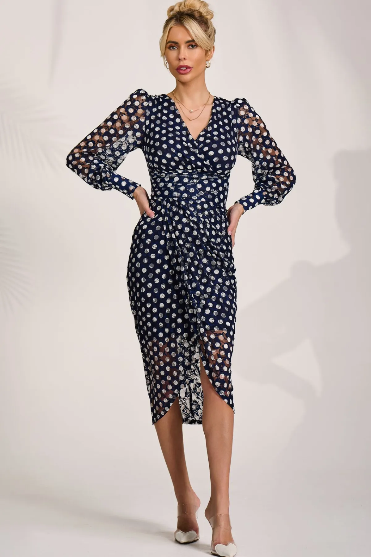 Jolie Moi Occasion Dresses|Long Sleeved Dresses-Lace Long Sleeve Ruched Bodycon Dress, Navy Polka Dot