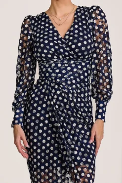 Jolie Moi Occasion Dresses|Long Sleeved Dresses-Lace Long Sleeve Ruched Bodycon Dress, Navy Polka Dot
