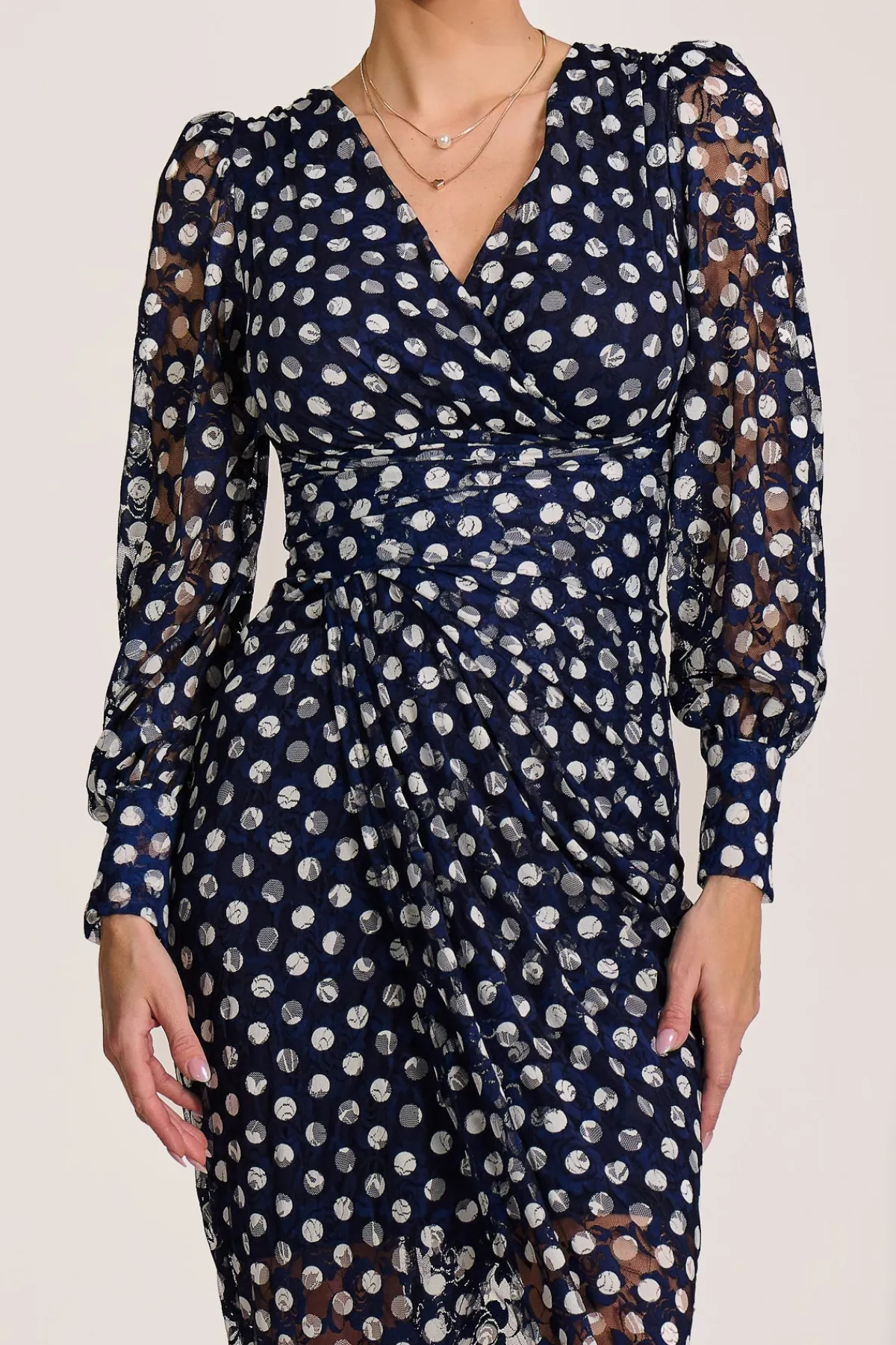 Jolie Moi Occasion Dresses|Long Sleeved Dresses-Lace Long Sleeve Ruched Bodycon Dress, Navy Polka Dot