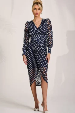 Jolie Moi Occasion Dresses|Long Sleeved Dresses-Lace Long Sleeve Ruched Bodycon Dress, Navy Polka Dot