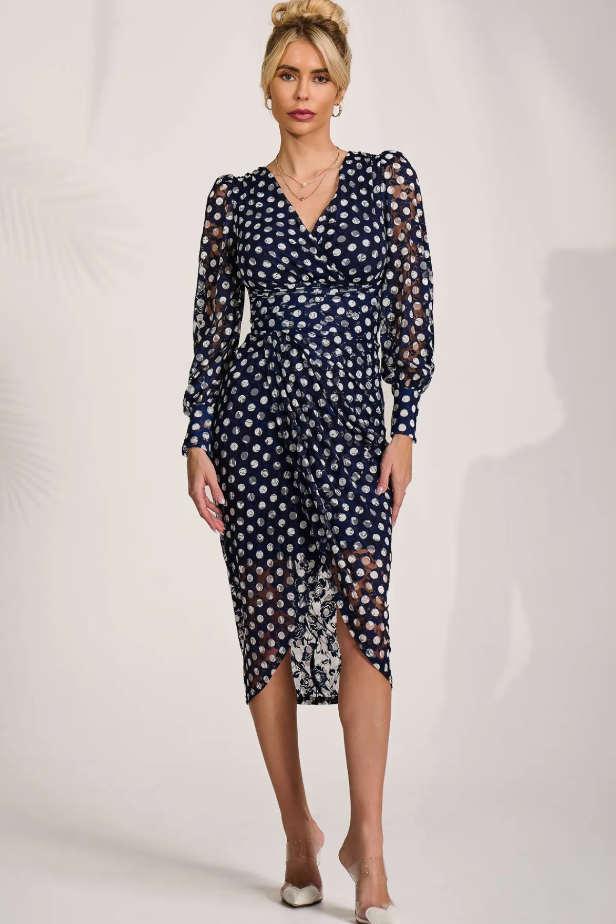 Jolie Moi Occasion Dresses|Long Sleeved Dresses-Lace Long Sleeve Ruched Bodycon Dress, Navy Polka Dot
