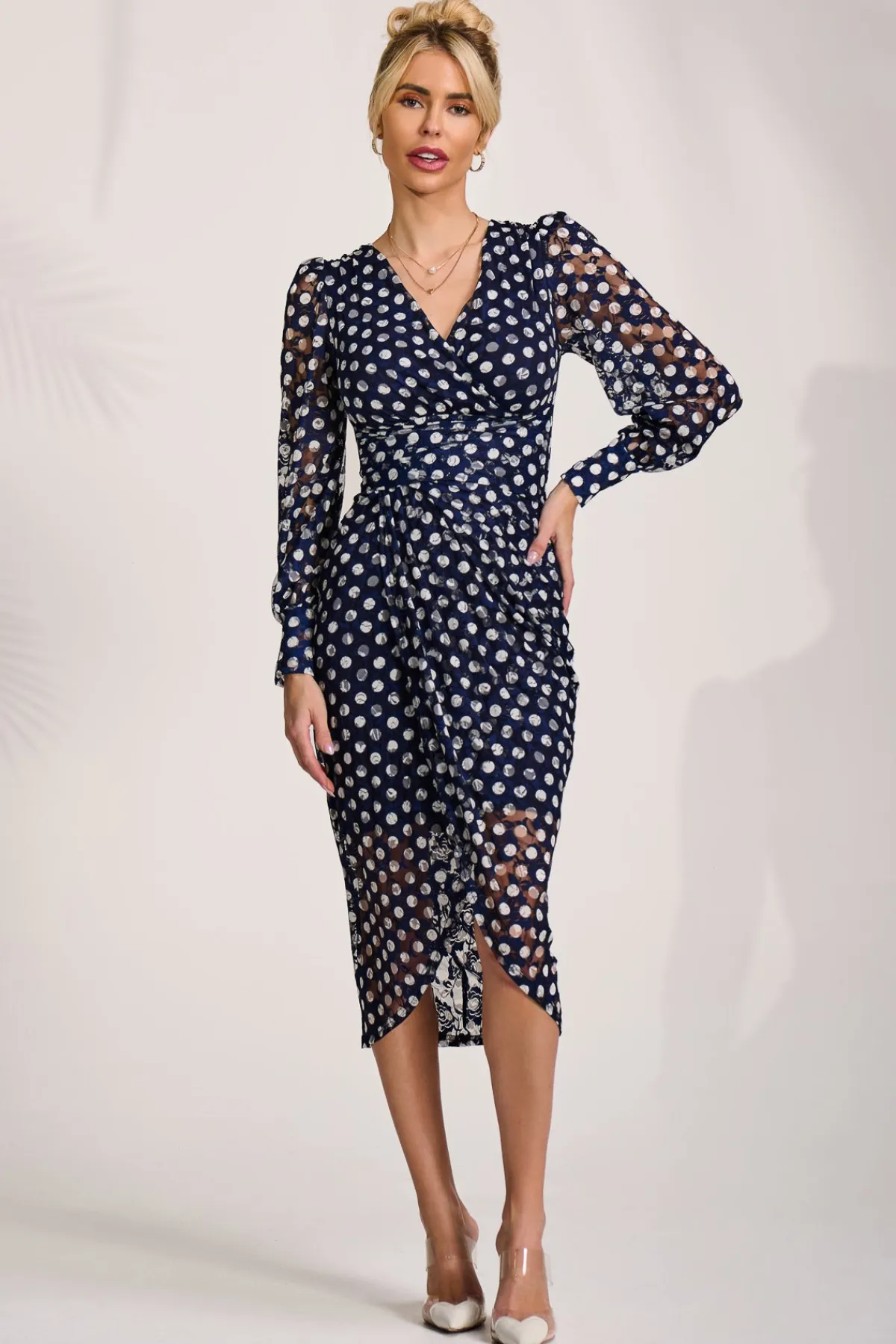 Jolie Moi Occasion Dresses|Long Sleeved Dresses-Lace Long Sleeve Ruched Bodycon Dress, Navy Polka Dot