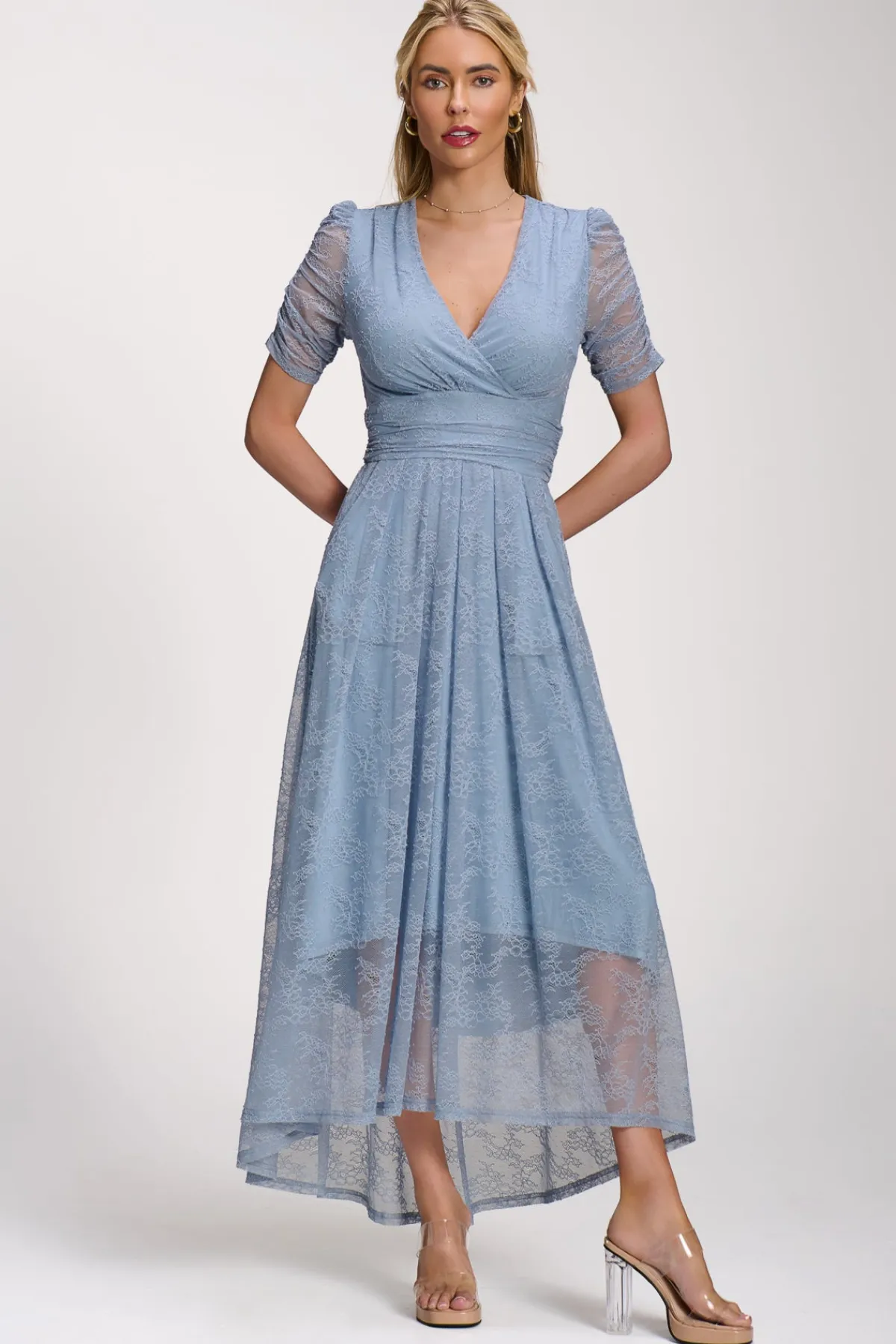 Jolie Moi Party Dresses|Signature Lace-Lace Ruched Sleeve Dip Hem Maxi Dress, Blue Aura