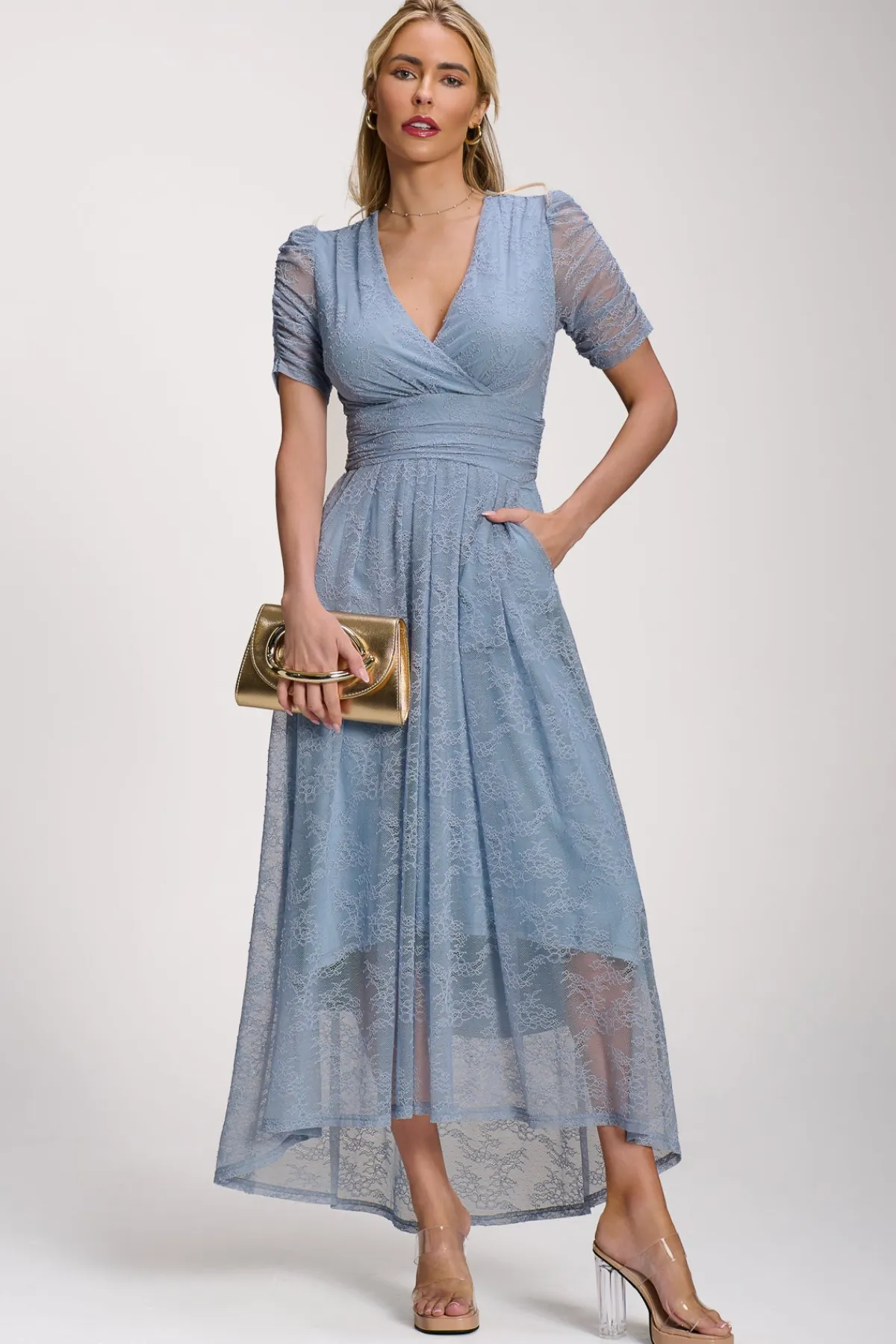 Jolie Moi Party Dresses|Signature Lace-Lace Ruched Sleeve Dip Hem Maxi Dress, Blue Aura