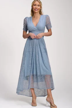 Jolie Moi Party Dresses|Signature Lace-Lace Ruched Sleeve Dip Hem Maxi Dress, Blue Aura