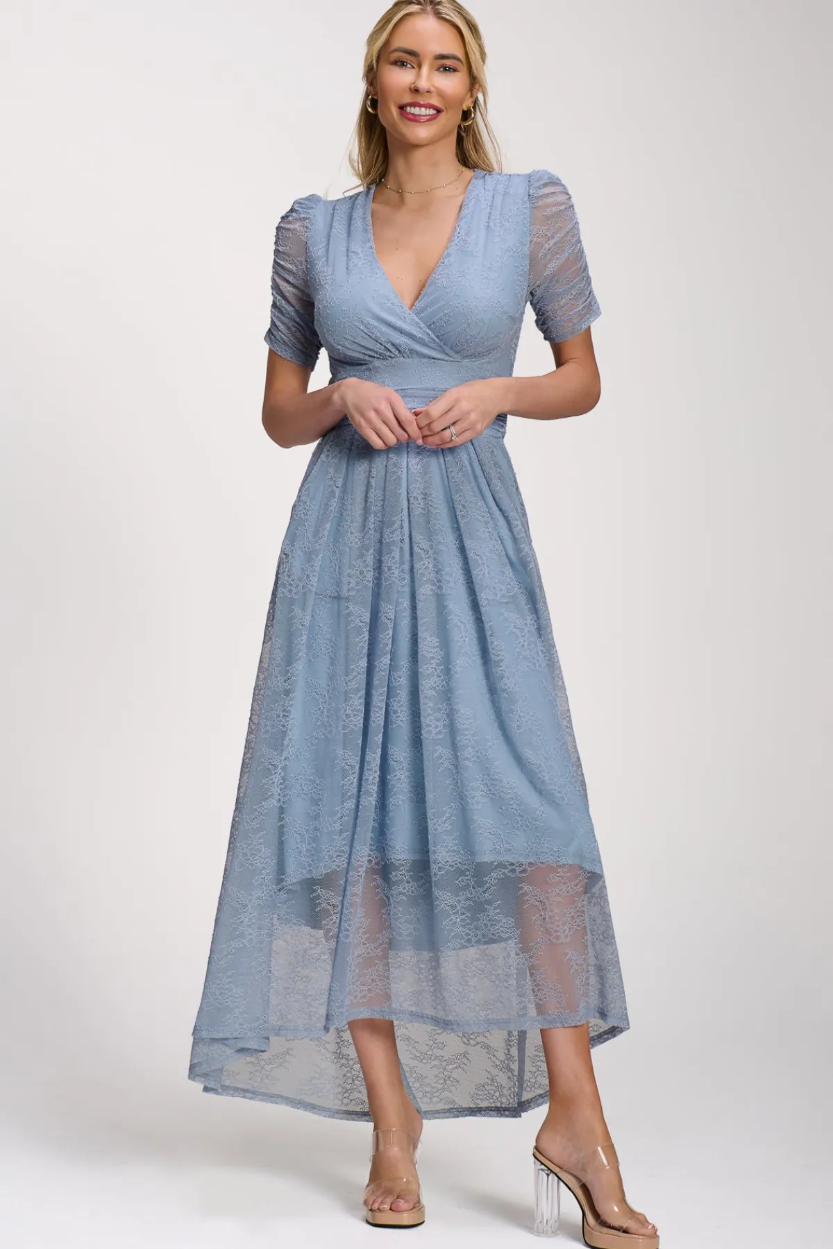 Jolie Moi Party Dresses|Signature Lace-Lace Ruched Sleeve Dip Hem Maxi Dress, Blue Aura