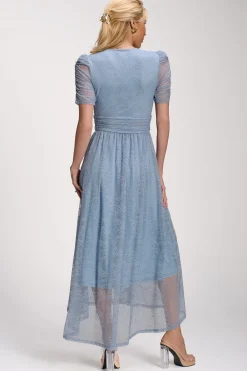 Jolie Moi Party Dresses|Signature Lace-Lace Ruched Sleeve Dip Hem Maxi Dress, Blue Aura