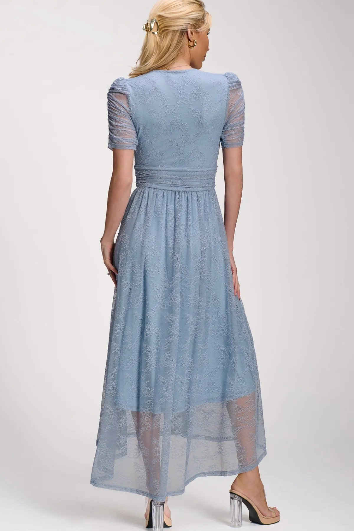 Jolie Moi Party Dresses|Signature Lace-Lace Ruched Sleeve Dip Hem Maxi Dress, Blue Aura
