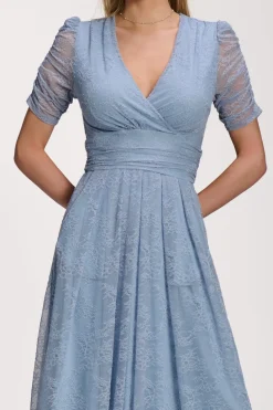 Jolie Moi Party Dresses|Signature Lace-Lace Ruched Sleeve Dip Hem Maxi Dress, Blue Aura
