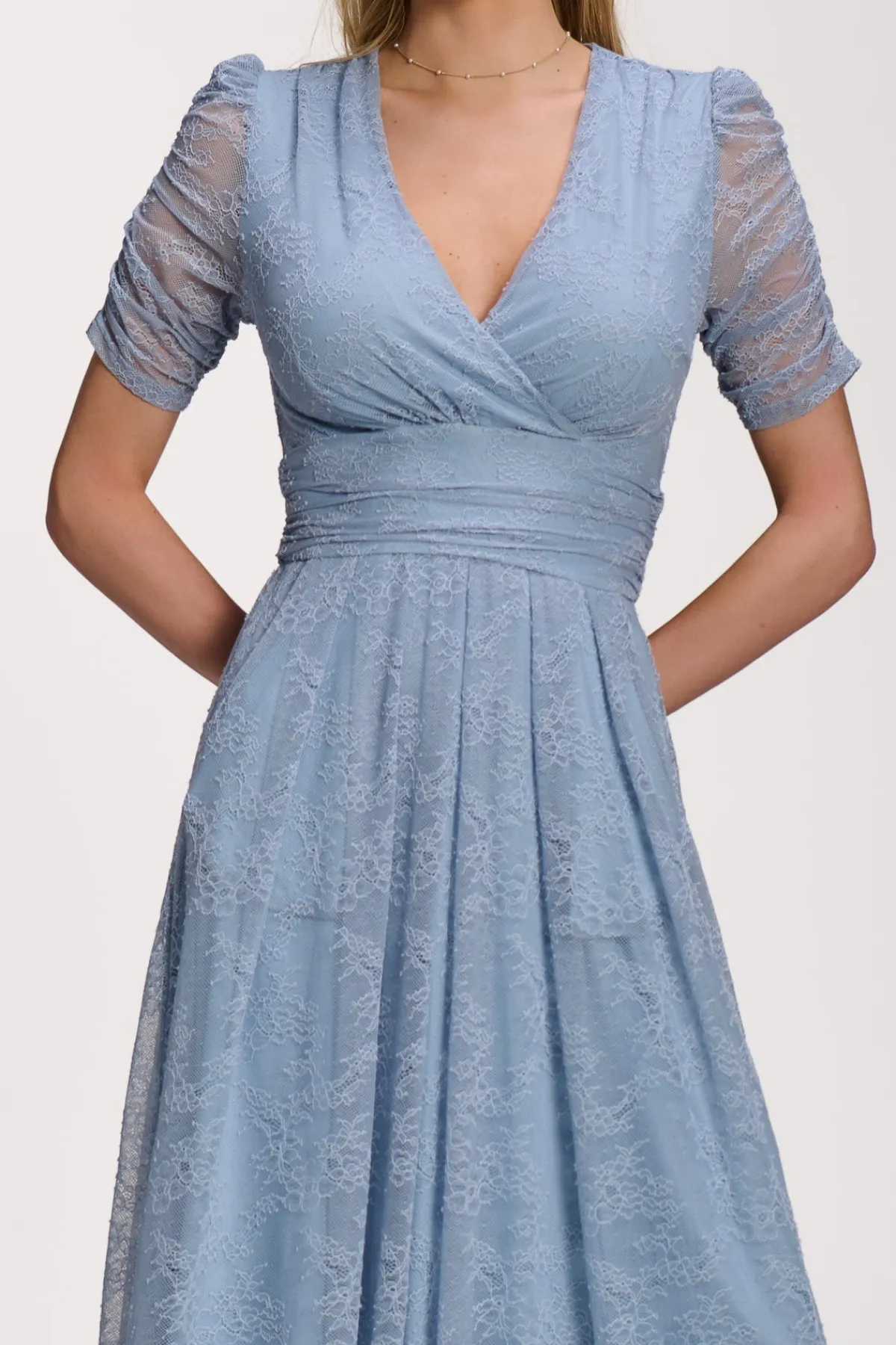 Jolie Moi Party Dresses|Signature Lace-Lace Ruched Sleeve Dip Hem Maxi Dress, Blue Aura