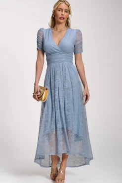 Jolie Moi Party Dresses|Signature Lace-Lace Ruched Sleeve Dip Hem Maxi Dress, Blue Aura