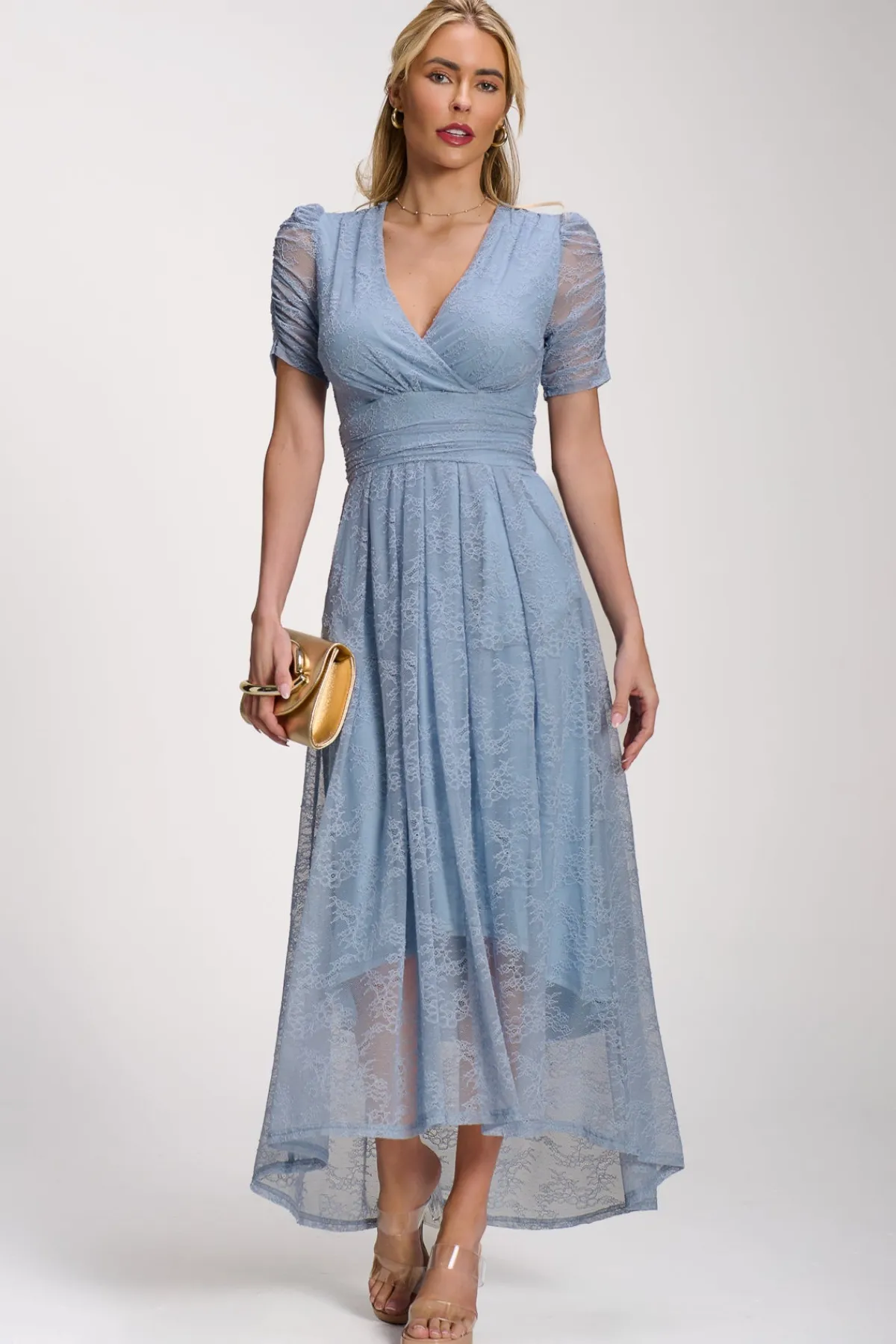 Jolie Moi Party Dresses|Signature Lace-Lace Ruched Sleeve Dip Hem Maxi Dress, Blue Aura