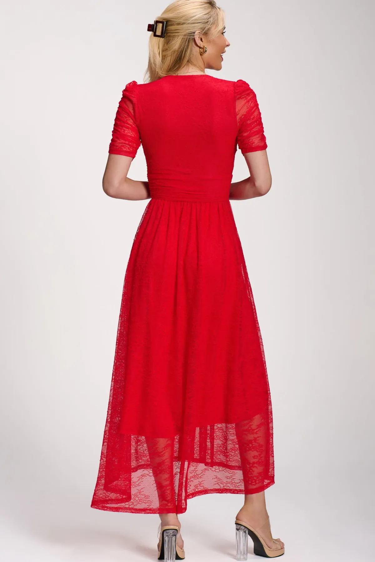 Jolie Moi Signature Lace|Maxi Dresses-Lace Ruched Sleeve Dip Hem Maxi Dress, Scarlet Red