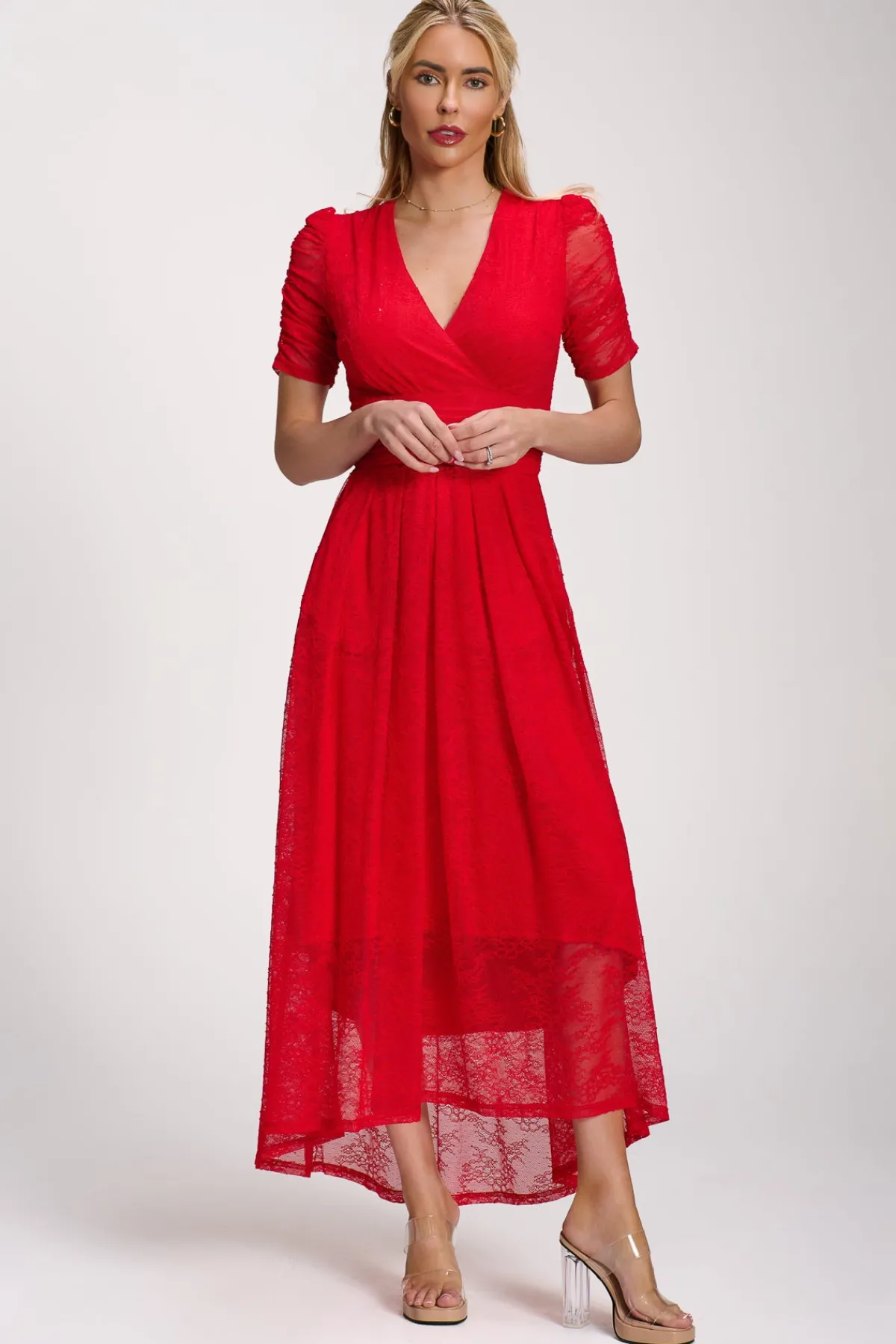 Jolie Moi Signature Lace|Maxi Dresses-Lace Ruched Sleeve Dip Hem Maxi Dress, Scarlet Red