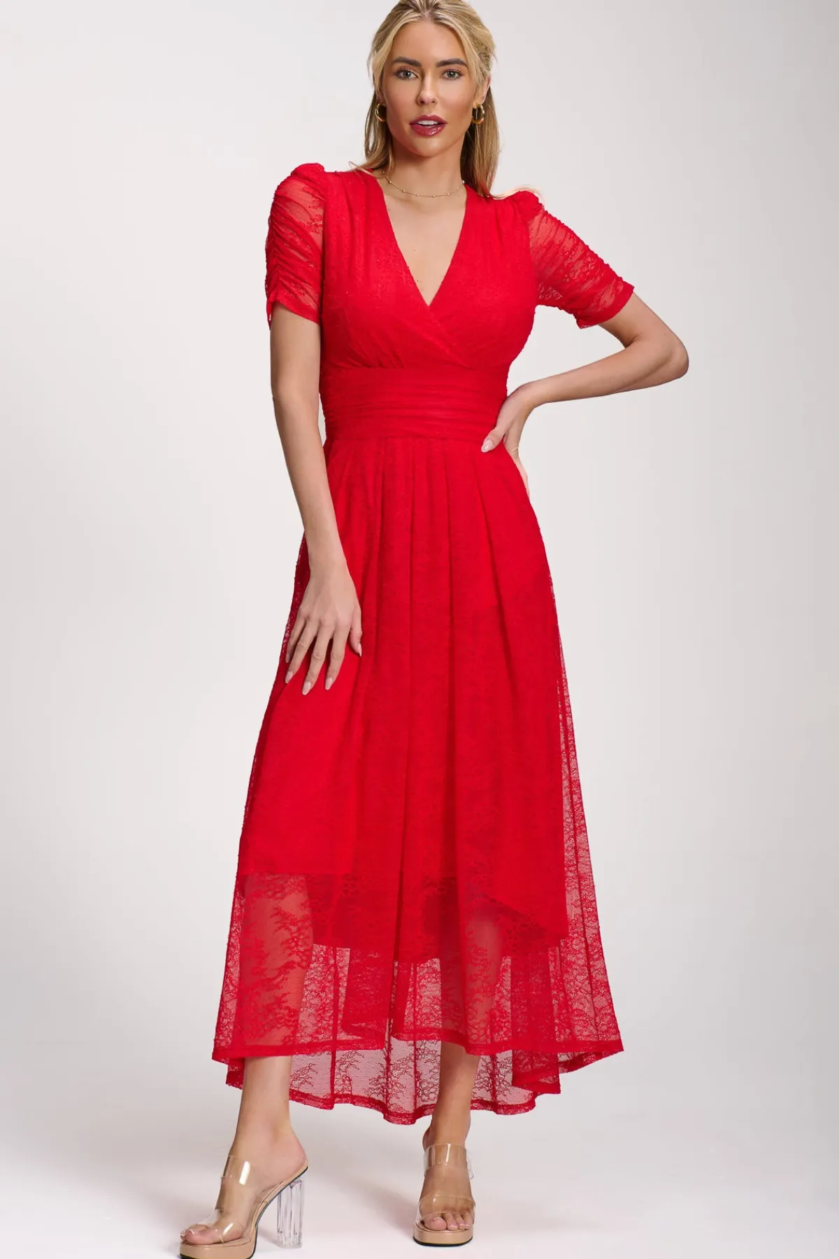 Jolie Moi Signature Lace|Maxi Dresses-Lace Ruched Sleeve Dip Hem Maxi Dress, Scarlet Red