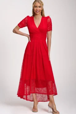 Jolie Moi Signature Lace|Maxi Dresses-Lace Ruched Sleeve Dip Hem Maxi Dress, Scarlet Red