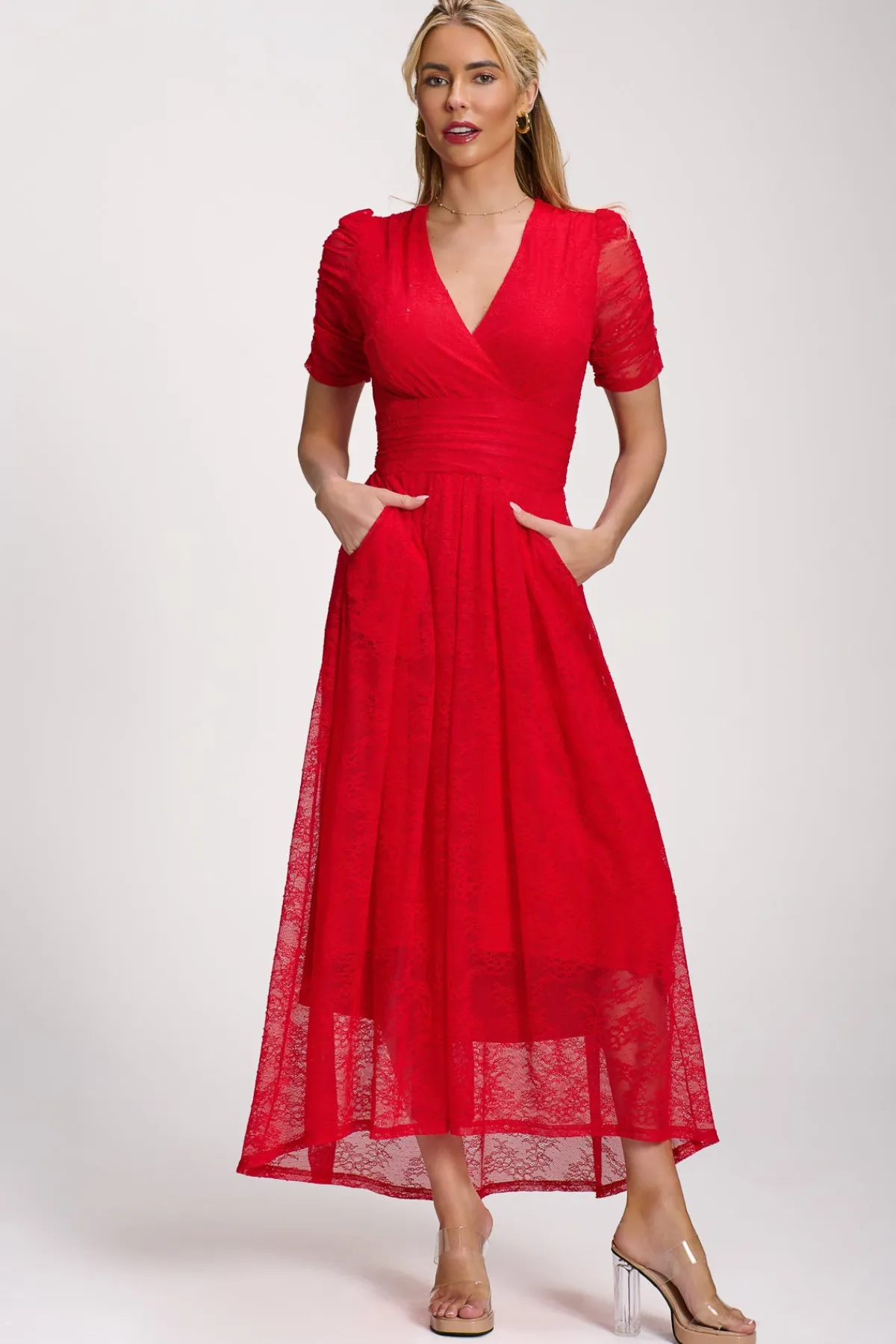 Jolie Moi Signature Lace|Maxi Dresses-Lace Ruched Sleeve Dip Hem Maxi Dress, Scarlet Red