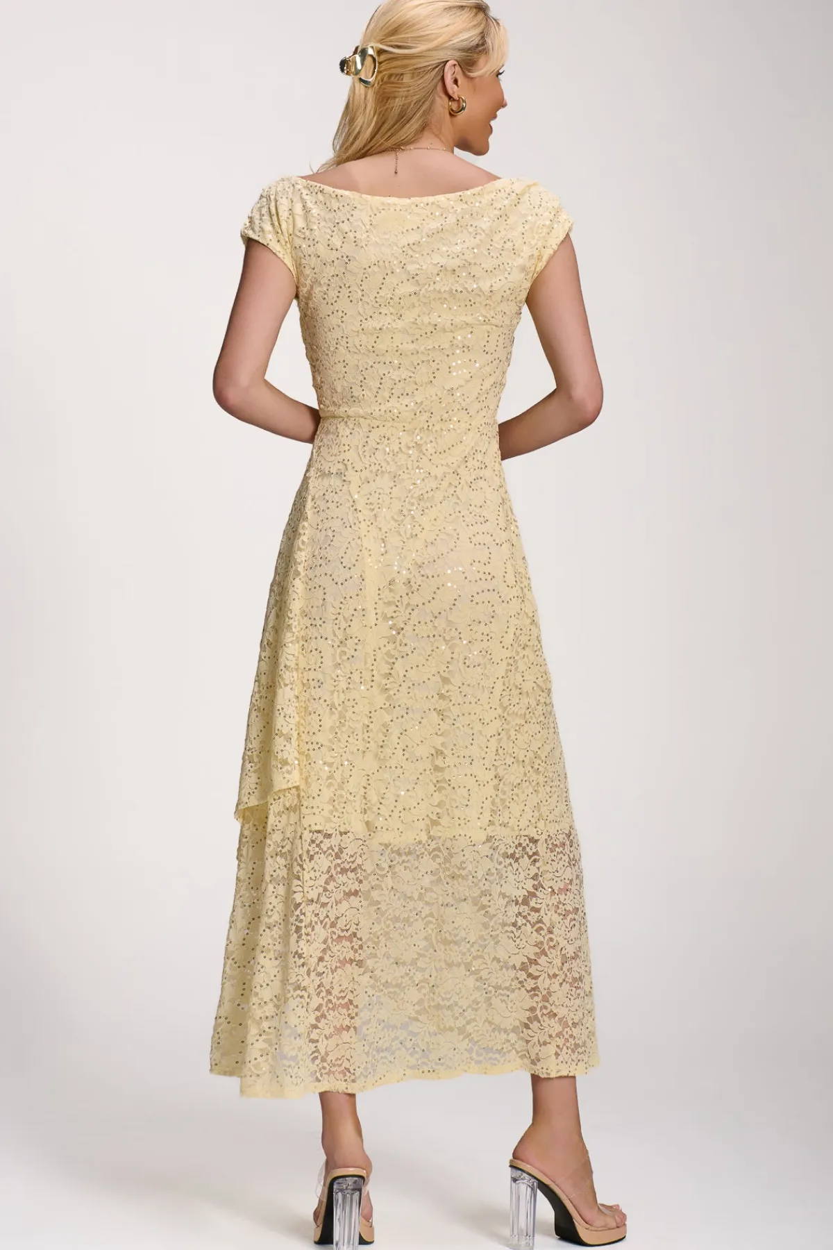 Jolie Moi Occasion Dresses|Sleeveless Dresses-Lace Sequin Embellished Midi Dress, Butter Yellow