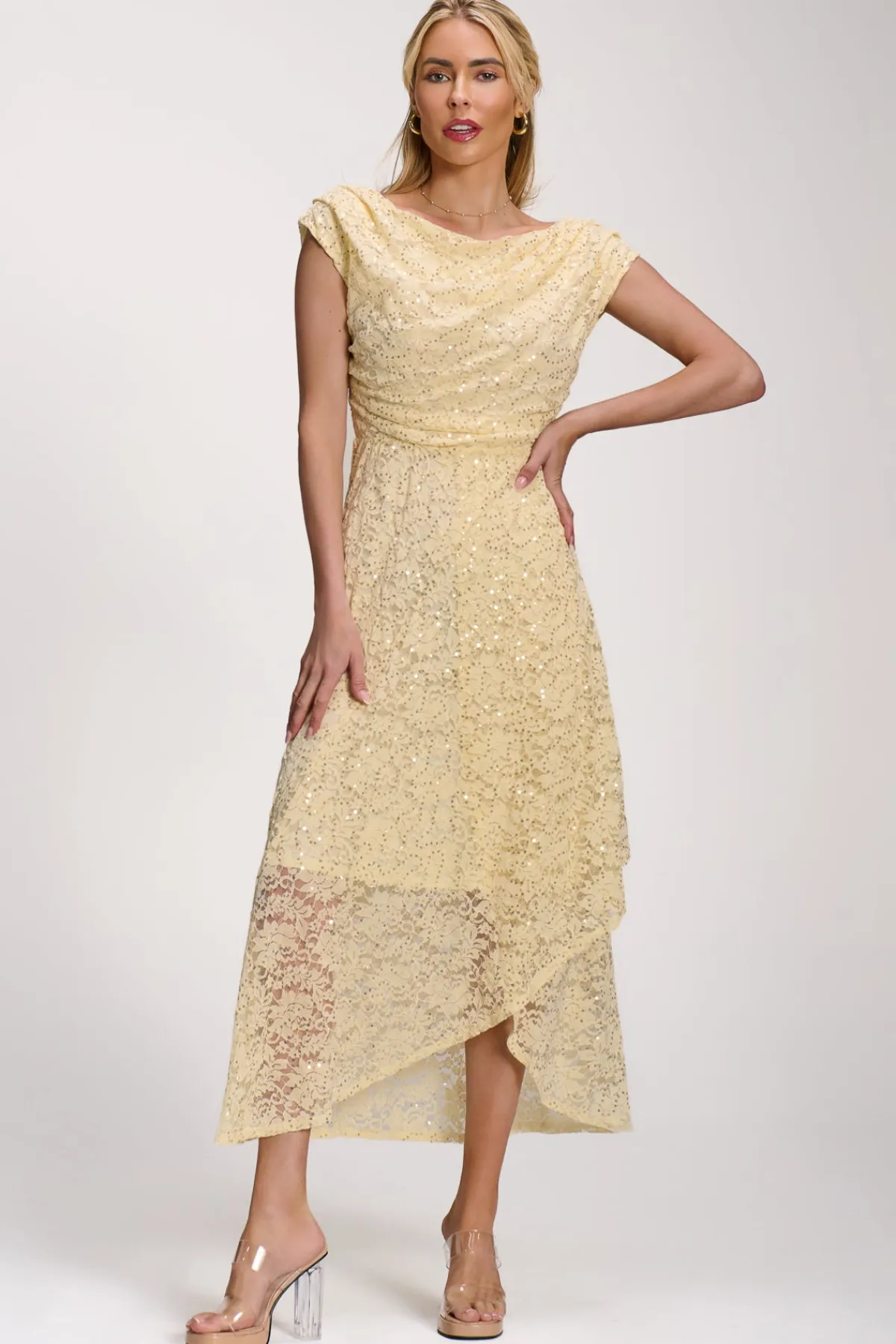 Jolie Moi Occasion Dresses|Sleeveless Dresses-Lace Sequin Embellished Midi Dress, Butter Yellow