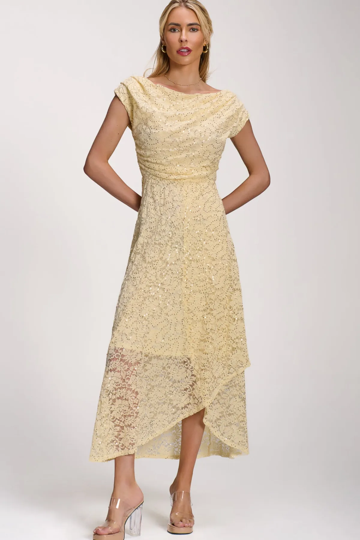 Jolie Moi Occasion Dresses|Sleeveless Dresses-Lace Sequin Embellished Midi Dress, Butter Yellow