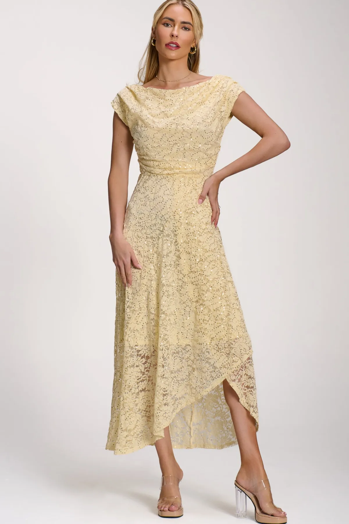 Jolie Moi Occasion Dresses|Sleeveless Dresses-Lace Sequin Embellished Midi Dress, Butter Yellow