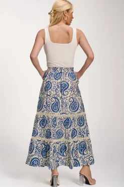 Jolie Moi Skirts|Signature Lace-Lace Trim Tiered Maxi Skirt, Blue Paisley