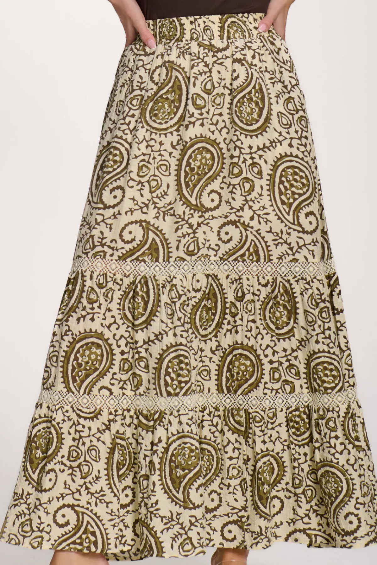 Jolie Moi Skirts|Weekend Casuals-Lace Trim Tiered Maxi Skirt, Khaki Paisley