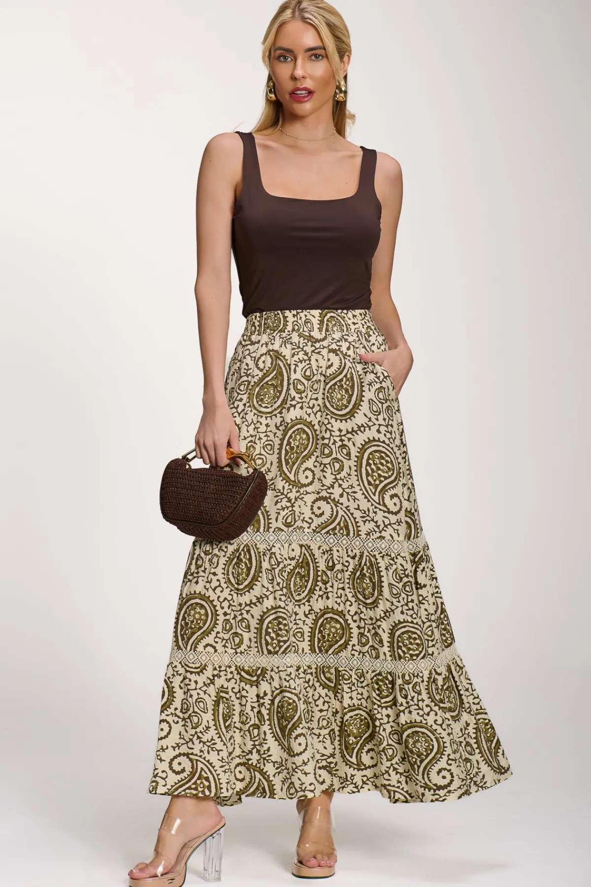 Jolie Moi Skirts|Weekend Casuals-Lace Trim Tiered Maxi Skirt, Khaki Paisley