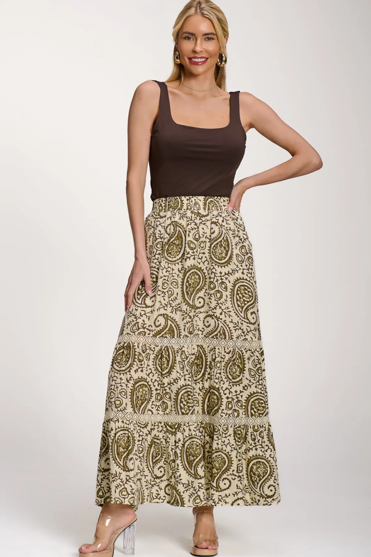 Jolie Moi Skirts|Weekend Casuals-Lace Trim Tiered Maxi Skirt, Khaki Paisley