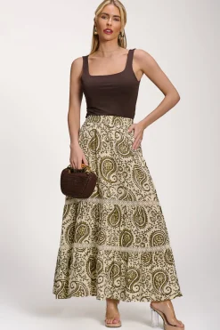 Jolie Moi Skirts|Weekend Casuals-Lace Trim Tiered Maxi Skirt, Khaki Paisley
