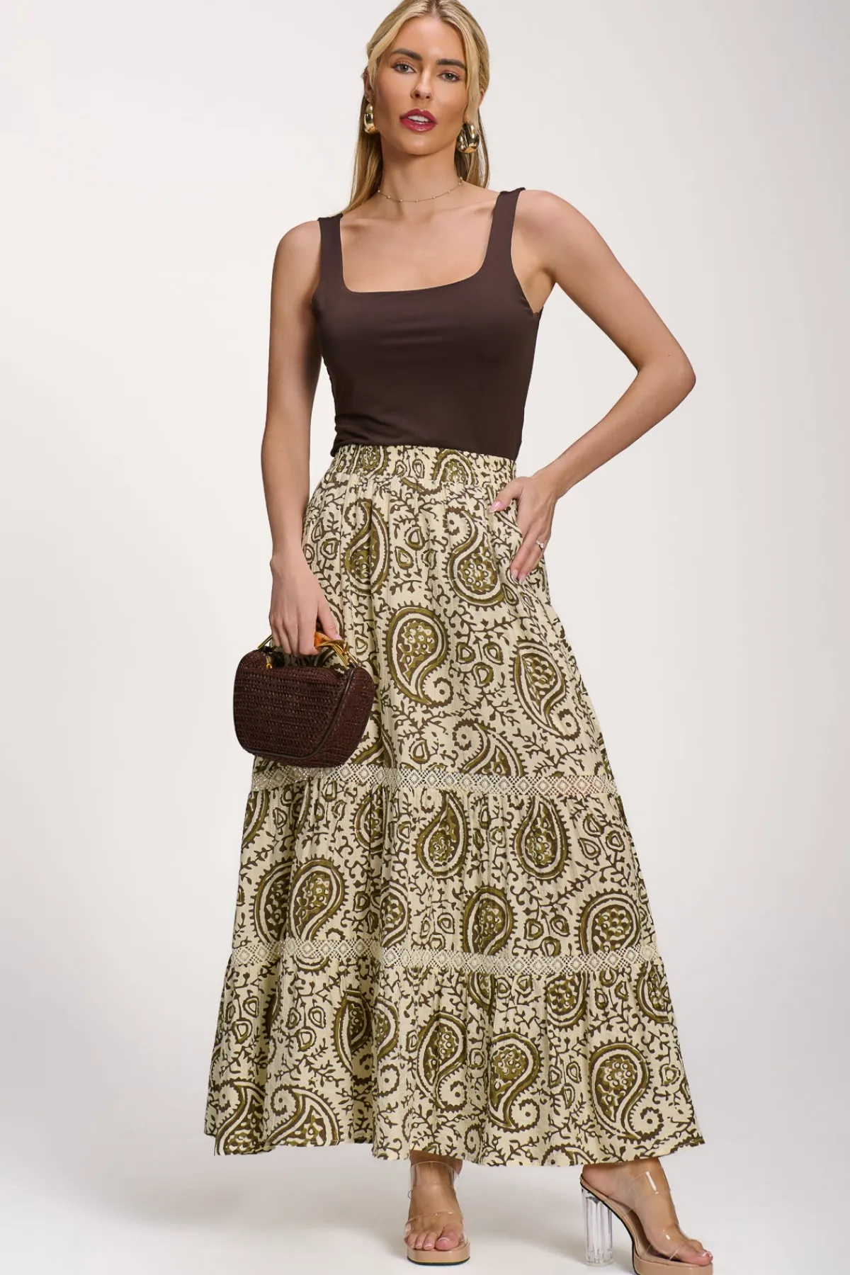Jolie Moi Skirts|Weekend Casuals-Lace Trim Tiered Maxi Skirt, Khaki Paisley